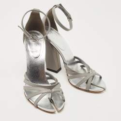 مملوكة مسبقًا Burberry Cloud Grey Leather Hove Heel Ankle Strap Sandals Size 38