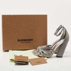 مملوكة مسبقًا Burberry Cloud Grey Leather Hove Heel Ankle Strap Sandals Size 38