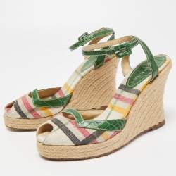 Burberry Multicolor Canvas and Croc Embossed Leather Wedge Sandals Size 40