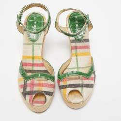 Burberry Multicolor Canvas and Croc Embossed Leather Wedge Sandals Size 40