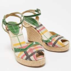Burberry Multicolor Canvas and Croc Embossed Leather Wedge Sandals Size 40