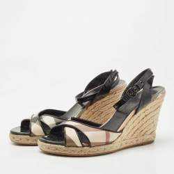Burberry Black/Beige House Check Leather Espadrilles Wedges Sandals Size 38