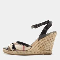 Burberry Black/Beige House Check Leather Espadrilles Wedges Sandals Size 38