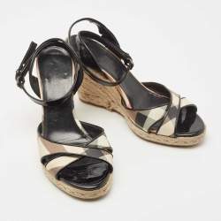 Burberry Black/Beige House Check Leather Espadrilles Wedges Sandals Size 38