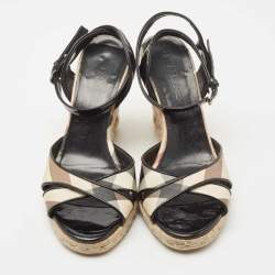 Burberry Black/Beige House Check Leather Espadrilles Wedges Sandals Size 38