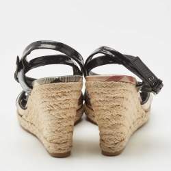 Burberry Black/Beige House Check Leather Espadrilles Wedges Sandals Size 38