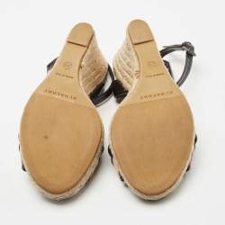 Burberry Black/Beige House Check Leather Espadrilles Wedges Sandals Size 38