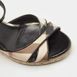 Burberry Black/Beige House Check Leather Espadrilles Wedges Sandals Size 38