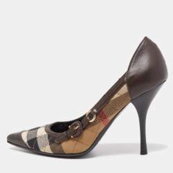 Pre Owned Burberry Brown/Beige Leather and House Check Canvas Pointed Toe Pumps Size 36