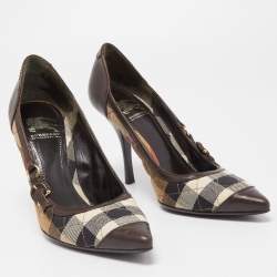 Pre Owned Burberry Brown/Beige Leather and House Check Canvas Pointed Toe Pumps Size 36