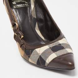Pre Owned Burberry Brown/Beige Leather and House Check Canvas Pointed Toe Pumps Size 36
