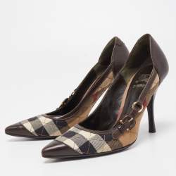 Pre Owned Burberry Brown/Beige Leather and House Check Canvas Pointed Toe Pumps Size 36