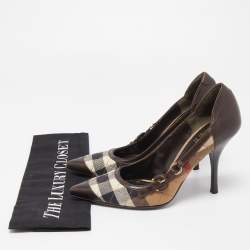 Pre Owned Burberry Brown/Beige Leather and House Check Canvas Pointed Toe Pumps Size 36