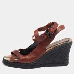 Burberry Brown Leather Espadrille Wedge Sandals Size 38