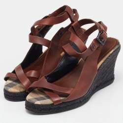 Burberry Brown Leather Espadrille Wedge Sandals Size 38