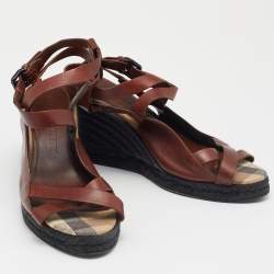 Burberry Brown Leather Espadrille Wedge Sandals Size 38