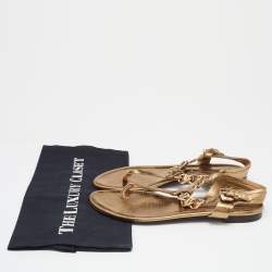 Pre Owned Burberry Gold Leather T Strap Flat Sandals Size 37 