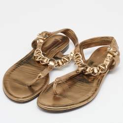 Pre Owned Burberry Gold Leather T Strap Flat Sandals Size 37 