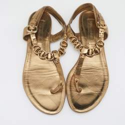 Pre Owned Burberry Gold Leather T Strap Flat Sandals Size 37 