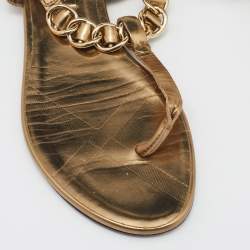 Pre Owned Burberry Gold Leather T Strap Flat Sandals Size 37 