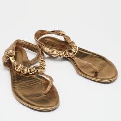 Pre Owned Burberry Gold Leather T Strap Flat Sandals Size 37 
