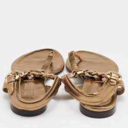 Pre Owned Burberry Gold Leather T Strap Flat Sandals Size 37 