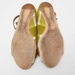 Burberry Green/Beige Check Canvas and Leather Open Toe Ankle Wrap Flats Size 39