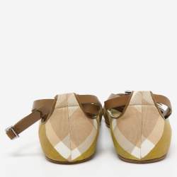 Burberry Green/Beige Check Canvas and Leather Open Toe Ankle Wrap Flats Size 39
