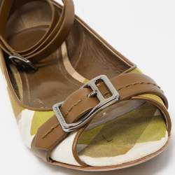 Burberry Green/Beige Check Canvas and Leather Open Toe Ankle Wrap Flats Size 39