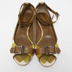 Burberry Green/Beige Check Canvas and Leather Open Toe Ankle Wrap Flats Size 39