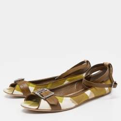 Burberry Green/Beige Check Canvas and Leather Open Toe Ankle Wrap Flats Size 39