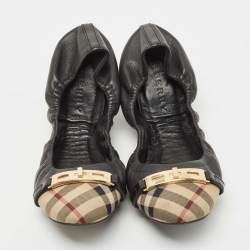 Pre Owned Burberry Black Leather and Nova Check Canvas Cap Toe Scrunch Ballet Flats Size 39.5