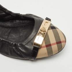Pre Owned Burberry Black Leather and Nova Check Canvas Cap Toe Scrunch Ballet Flats Size 39.5