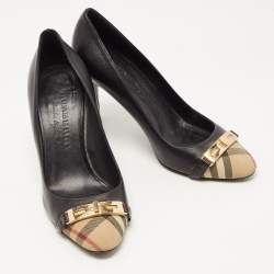 Pre Owned Burberry Black Leather and House Check Canvas Cap Toe Twist Lock Pumps Size 36