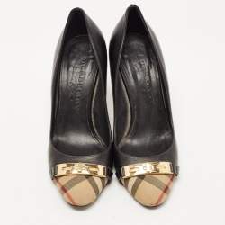 Pre Owned Burberry Black Leather and House Check Canvas Cap Toe Twist Lock Pumps Size 36