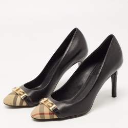 Pre Owned Burberry Black Leather and House Check Canvas Cap Toe Twist Lock Pumps Size 36