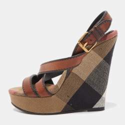 Burberry Brown Novacheck Canvas and Leather Warlow Platform Wedge Sandals Size 37.5
