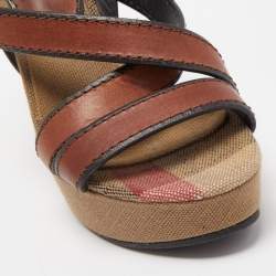 Burberry Brown Novacheck Canvas and Leather Warlow Platform Wedge Sandals Size 37.5