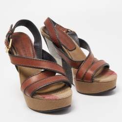Burberry Brown Novacheck Canvas and Leather Warlow Platform Wedge Sandals Size 37.5