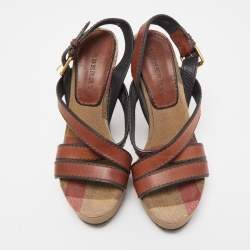 Burberry Brown Novacheck Canvas and Leather Warlow Platform Wedge Sandals Size 37.5