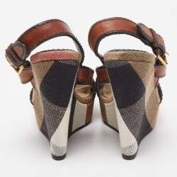 Burberry Brown Novacheck Canvas and Leather Warlow Platform Wedge Sandals Size 37.5