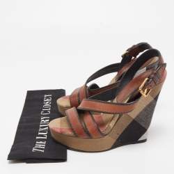 Burberry Brown Novacheck Canvas and Leather Warlow Platform Wedge Sandals Size 37.5