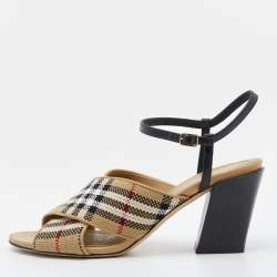 Burberry Beige/Black Canvas and Leather Castlebar Ankle Strap Sandals Size 39