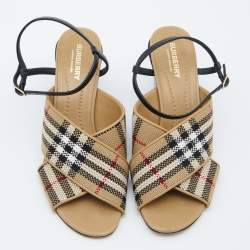 Burberry Beige/Black Canvas and Leather Castlebar Ankle Strap Sandals Size 39
