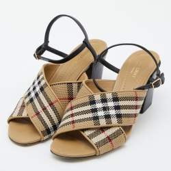 Burberry Beige/Black Canvas and Leather Castlebar Ankle Strap Sandals Size 39