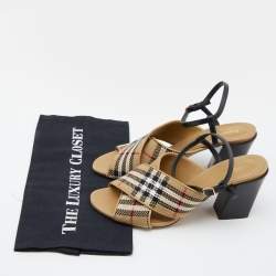 Burberry Beige/Black Canvas and Leather Castlebar Ankle Strap Sandals Size 39