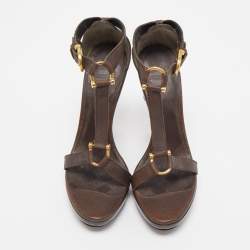 Burberry Brown Leather T Ankle Strap Platform Sandals Size 38