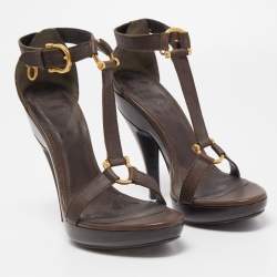 Burberry Brown Leather T Ankle Strap Platform Sandals Size 38