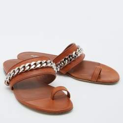 Burberry Brown Leather Heidi Toe Ring Flats Slides Size 37