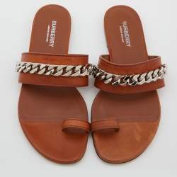 Burberry Brown Leather Heidi Toe Ring Flats Slides Size 37